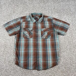 Prana Shirt Mens XL Brown Blue Plaid Organic Cotton Short Sleeve Breathe